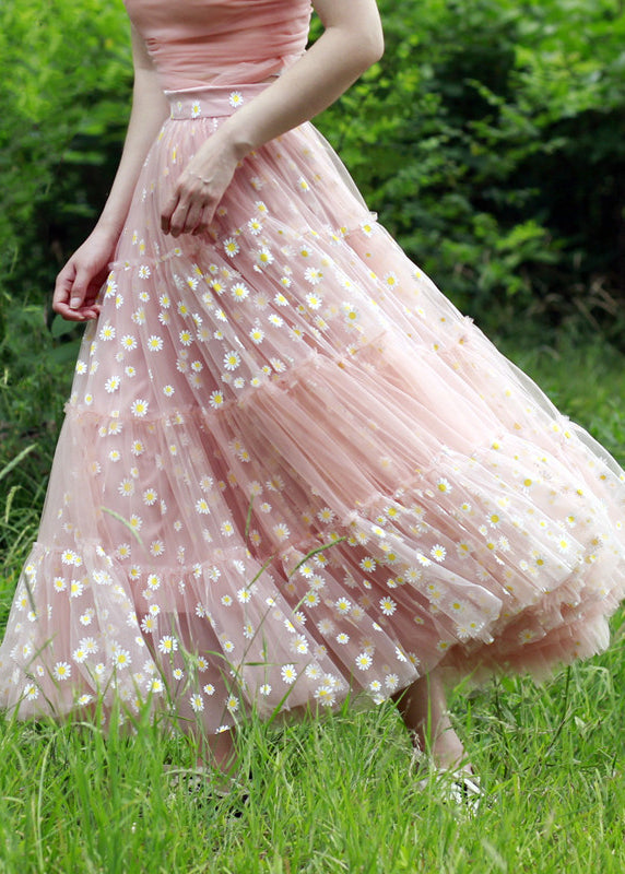 Classy White Daisy Print Exra Large Hem Tulle Beach Skirt Spring