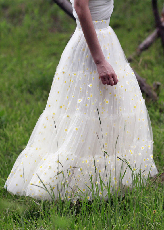 Classy White Daisy Print Exra Large Hem Tulle Beach Skirt Spring