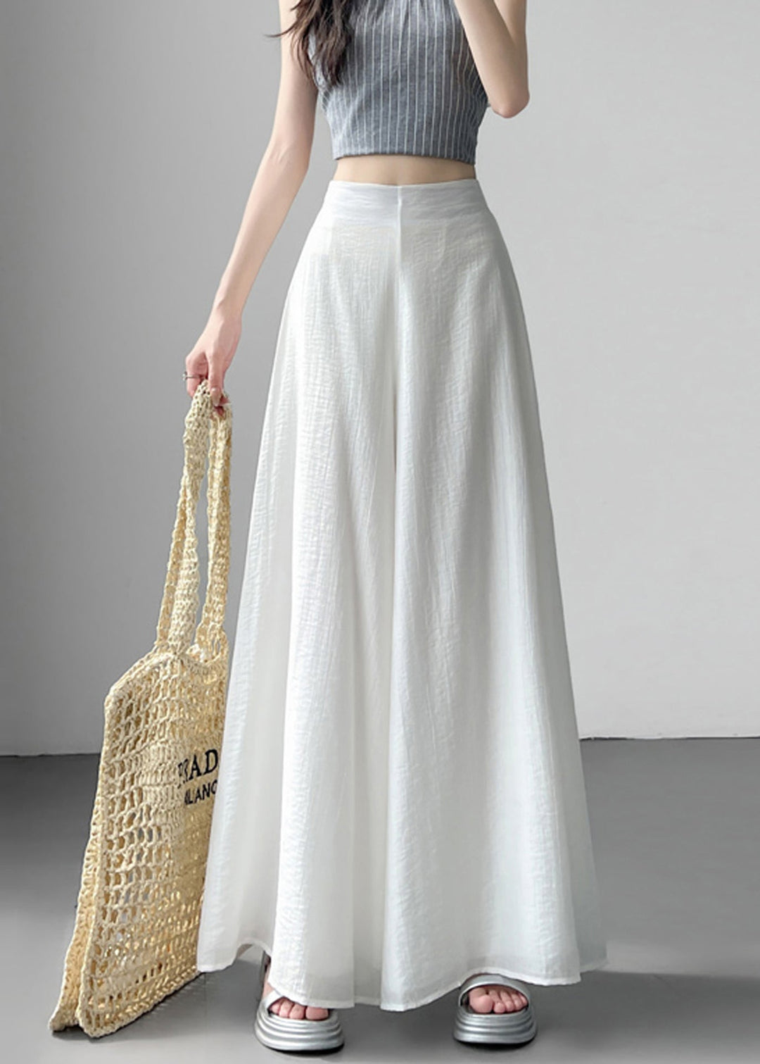Classy White Elastic Waist Draping Linen Silk Wide Leg Pants Summer