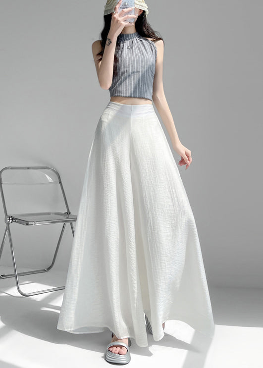 Classy White Elastic Waist Draping Linen Silk Wide Leg Pants Summer