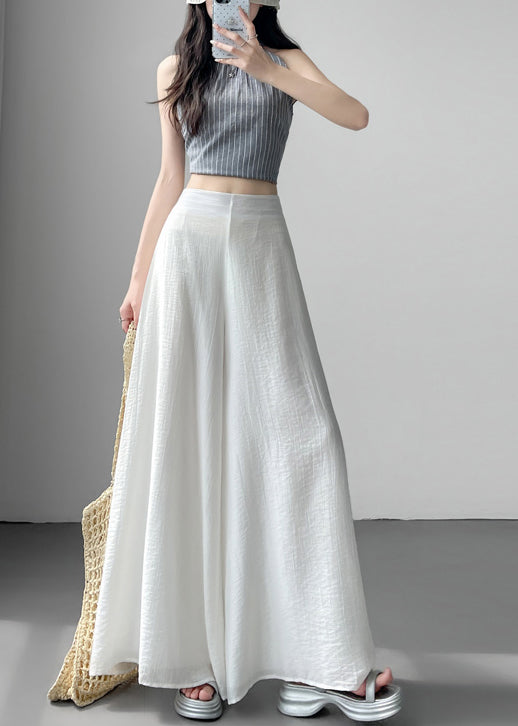 Classy White Elastic Waist Draping Linen Silk Wide Leg Pants Summer