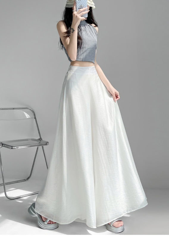 Classy White Elastic Waist Draping Linen Silk Wide Leg Pants Summer