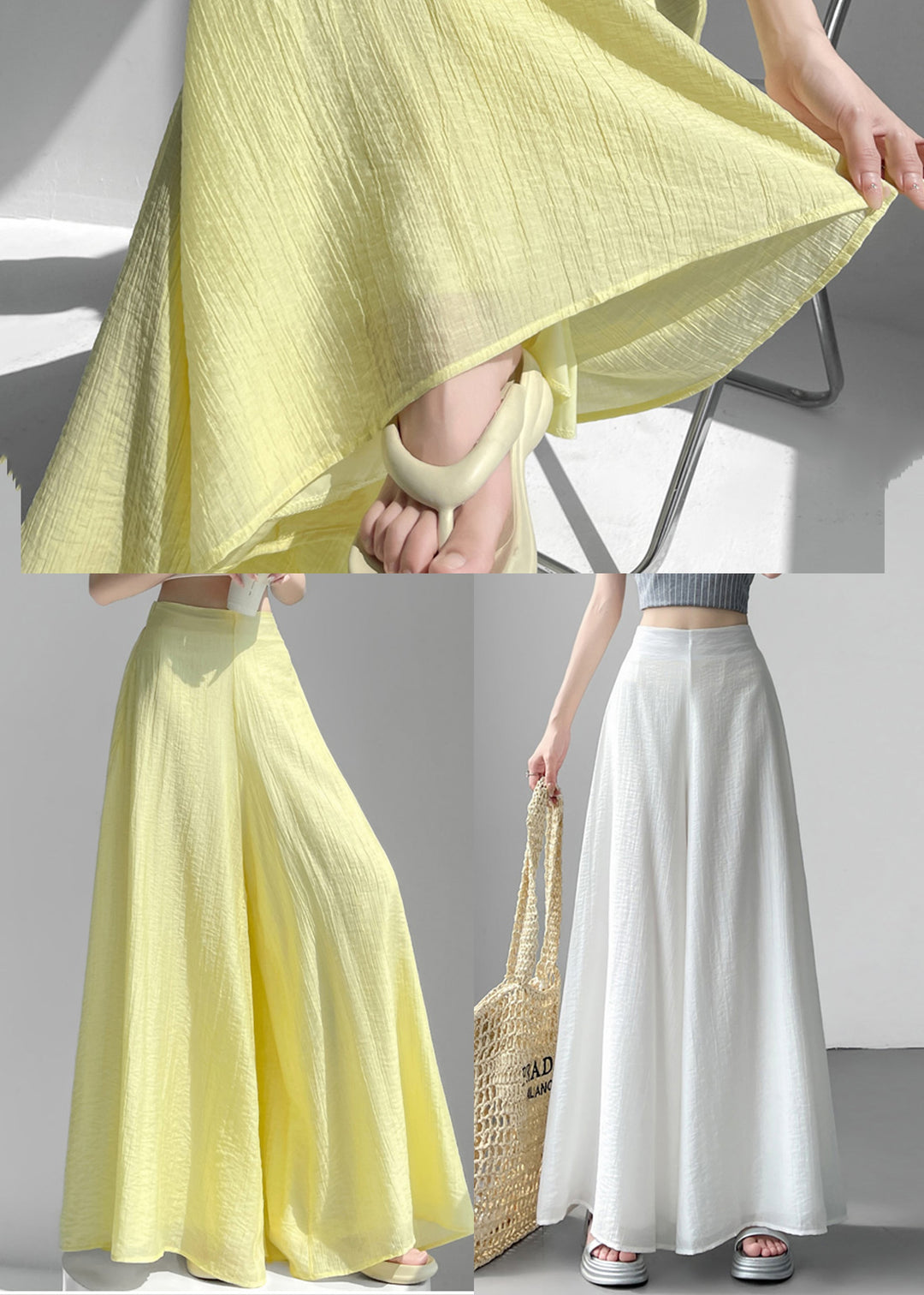Classy White Elastic Waist Draping Linen Silk Wide Leg Pants Summer