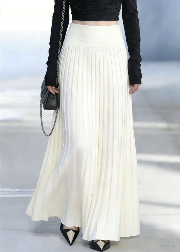 Classy White Elastic Waist Silk Knit Maxi Skirt - Omychic