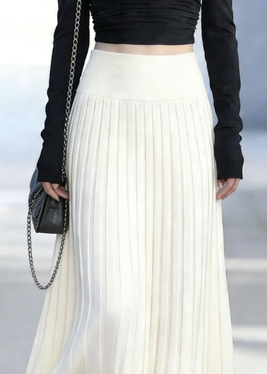 Classy White Elastic Waist Silk Knit Maxi Skirt - Omychic