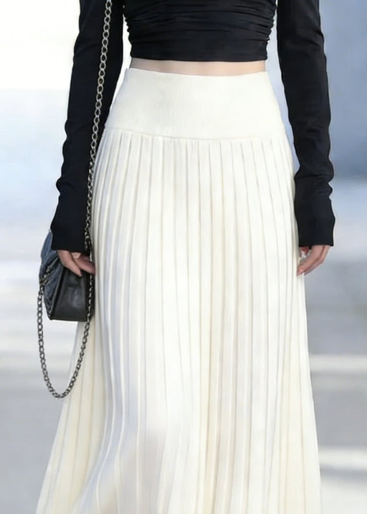 Classy White Elastic Waist Silk Knit Maxi Skirt - Omychic