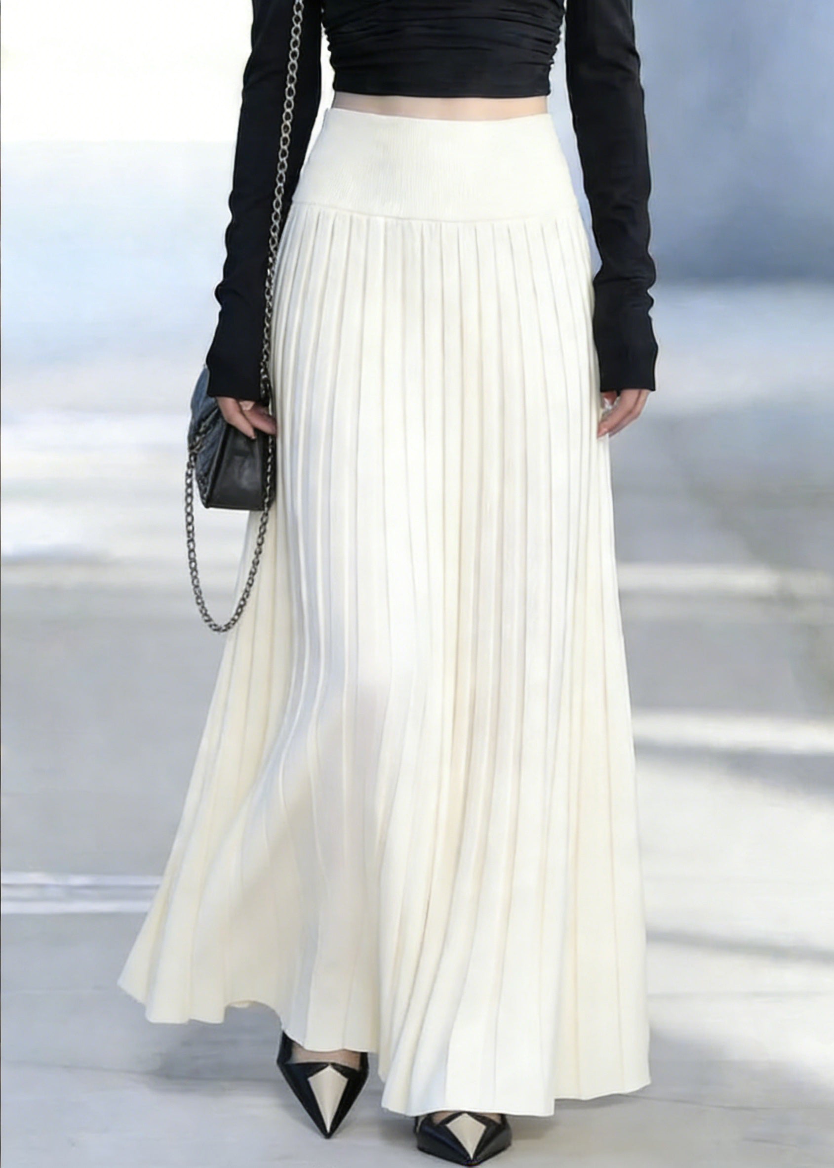 Classy White Elastic Waist Silk Knit Maxi Skirt - Omychic