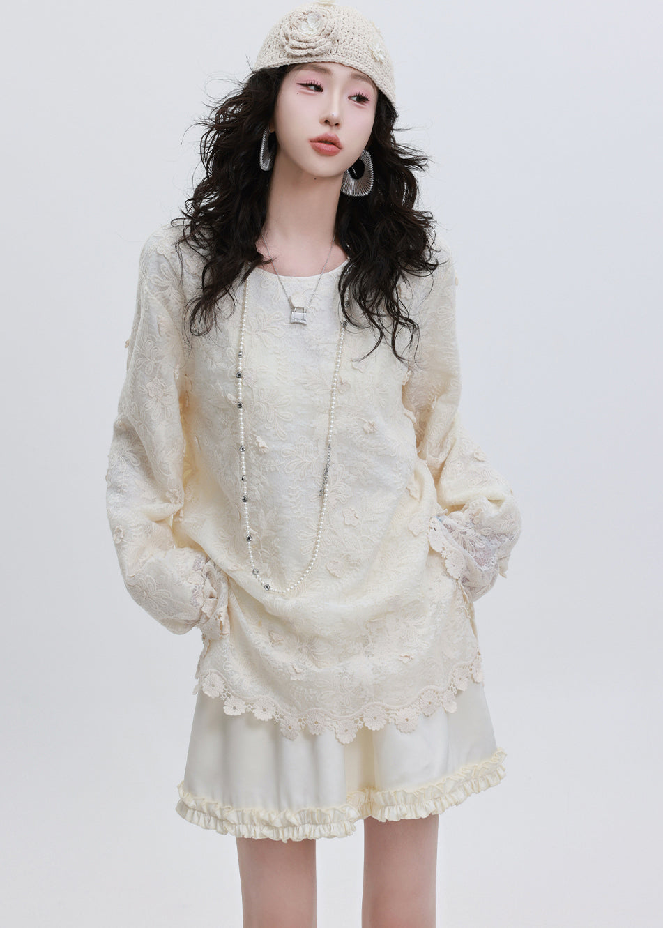 Classy White Embroidered Floral Lace Blouse Tops Spring