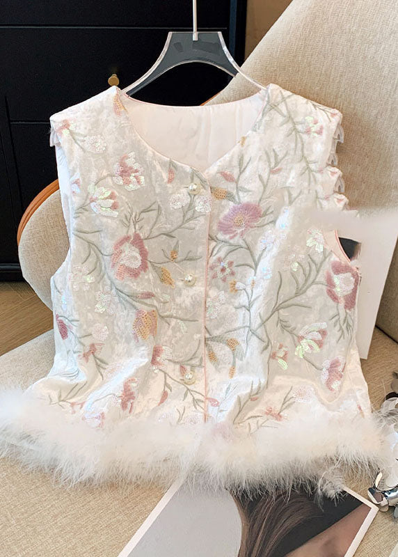 Classy White Embroidered Fuzzy Fur Fluffy Patchwork Waistcoat Fall