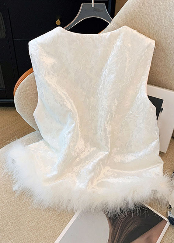 Classy White Embroidered Fuzzy Fur Fluffy Patchwork Waistcoat Fall
