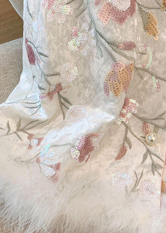 Classy White Embroidered Fuzzy Fur Fluffy Patchwork Waistcoat Fall