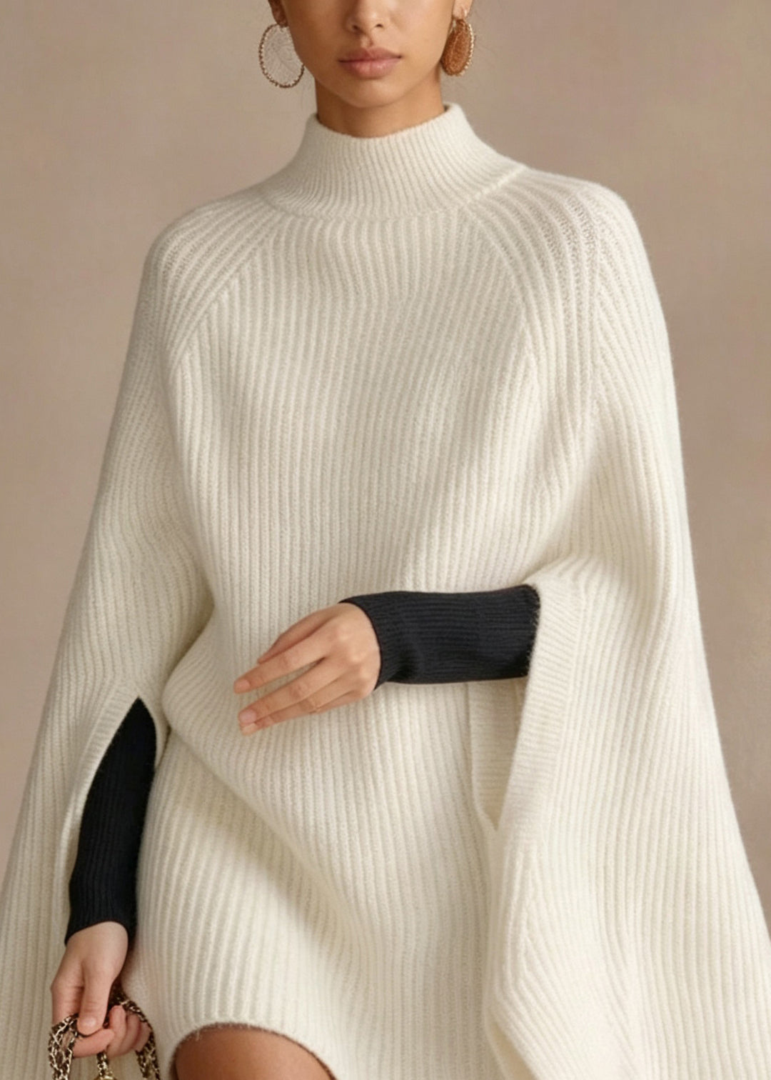 Classy White Hign Neck Thick Knit Sweaters Cape Fall