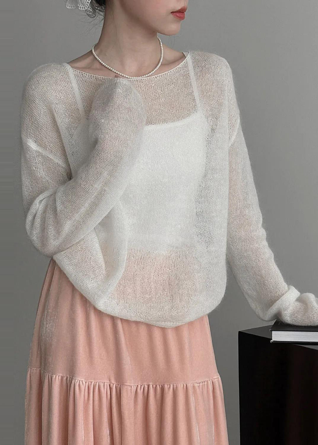 Classy White Hollow Out Knit Blouse Top Spring