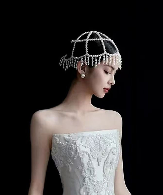Classy White Hollow Out Pearl Tassel HairPiece And Stud Earrings Two-Piece Set