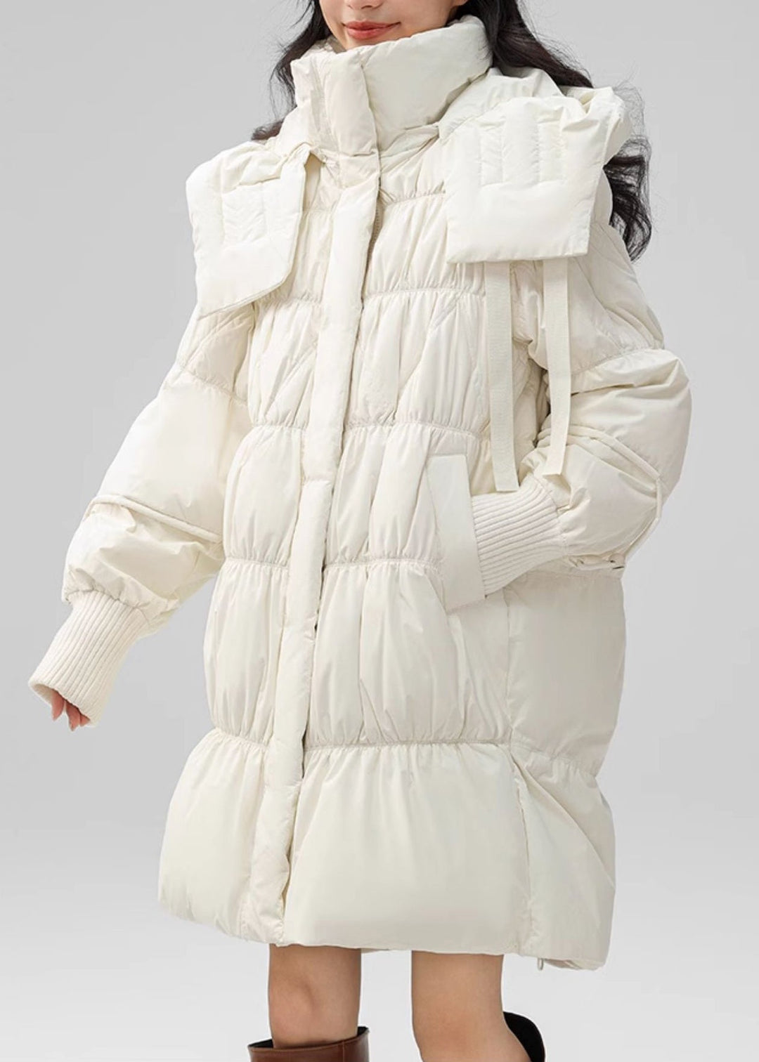 Classy White Hooded Wrinkled Duck Down Down Coat Winter