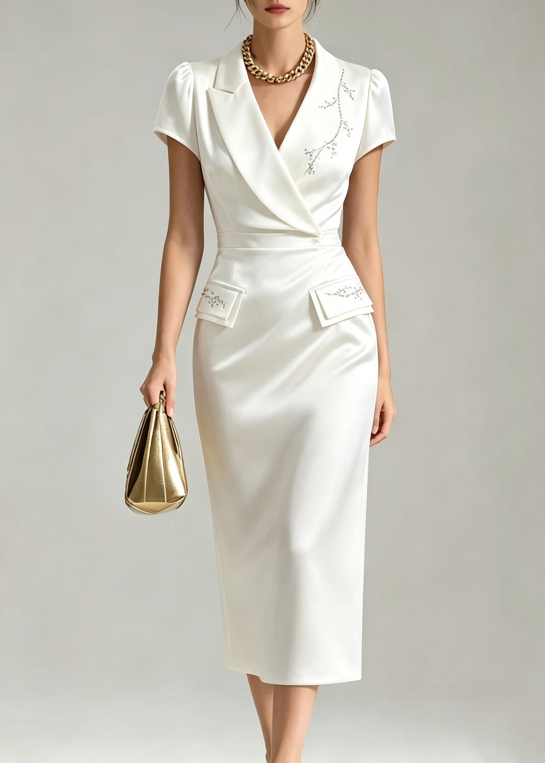 Classy White Notched Embroidered Maxi Dress Short Sleeve