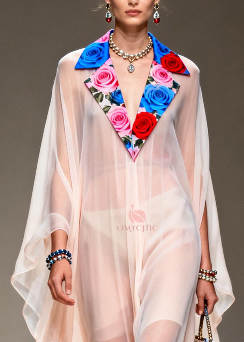 Classy White Notched Patchwork Exra Large Hem Chiffon Holiday Dress Summer