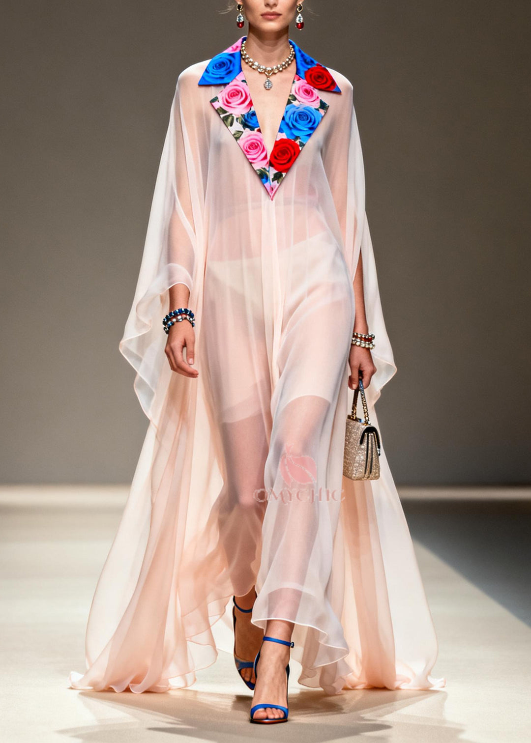 Classy White Notched Patchwork Exra Large Hem Chiffon Holiday Dress Summer