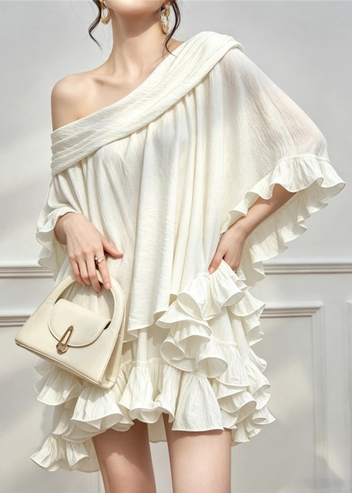 Classy White One Shoulder Ruffled Cotton Vacation Dress Summer