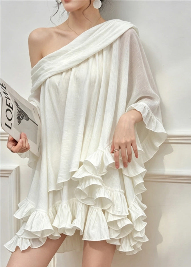 Classy White One Shoulder Ruffled Cotton Vacation Dress Summer