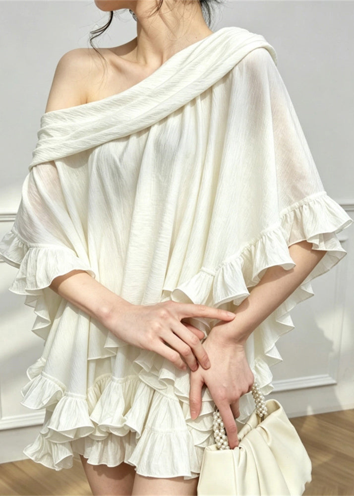 Classy White One Shoulder Ruffled Cotton Vacation Dress Summer