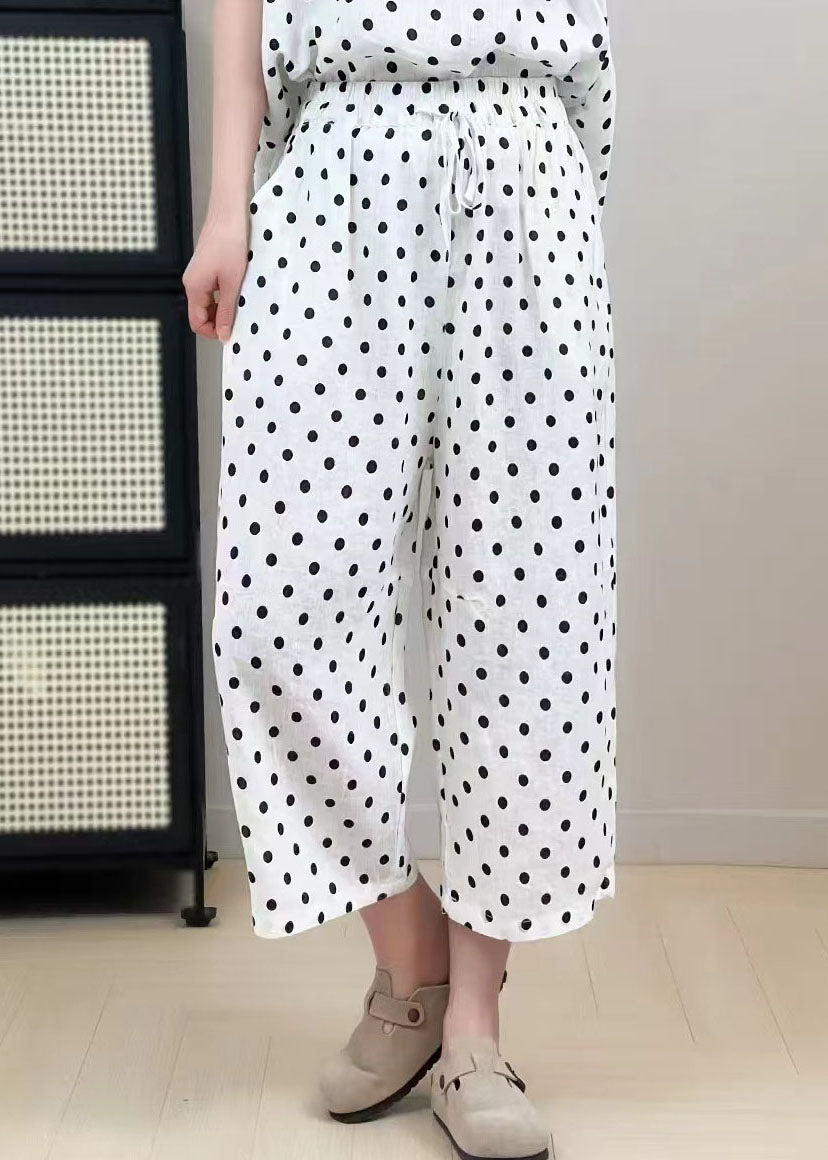 Classy White Oversized Dot Print Linen Wide Leg Pants Summer