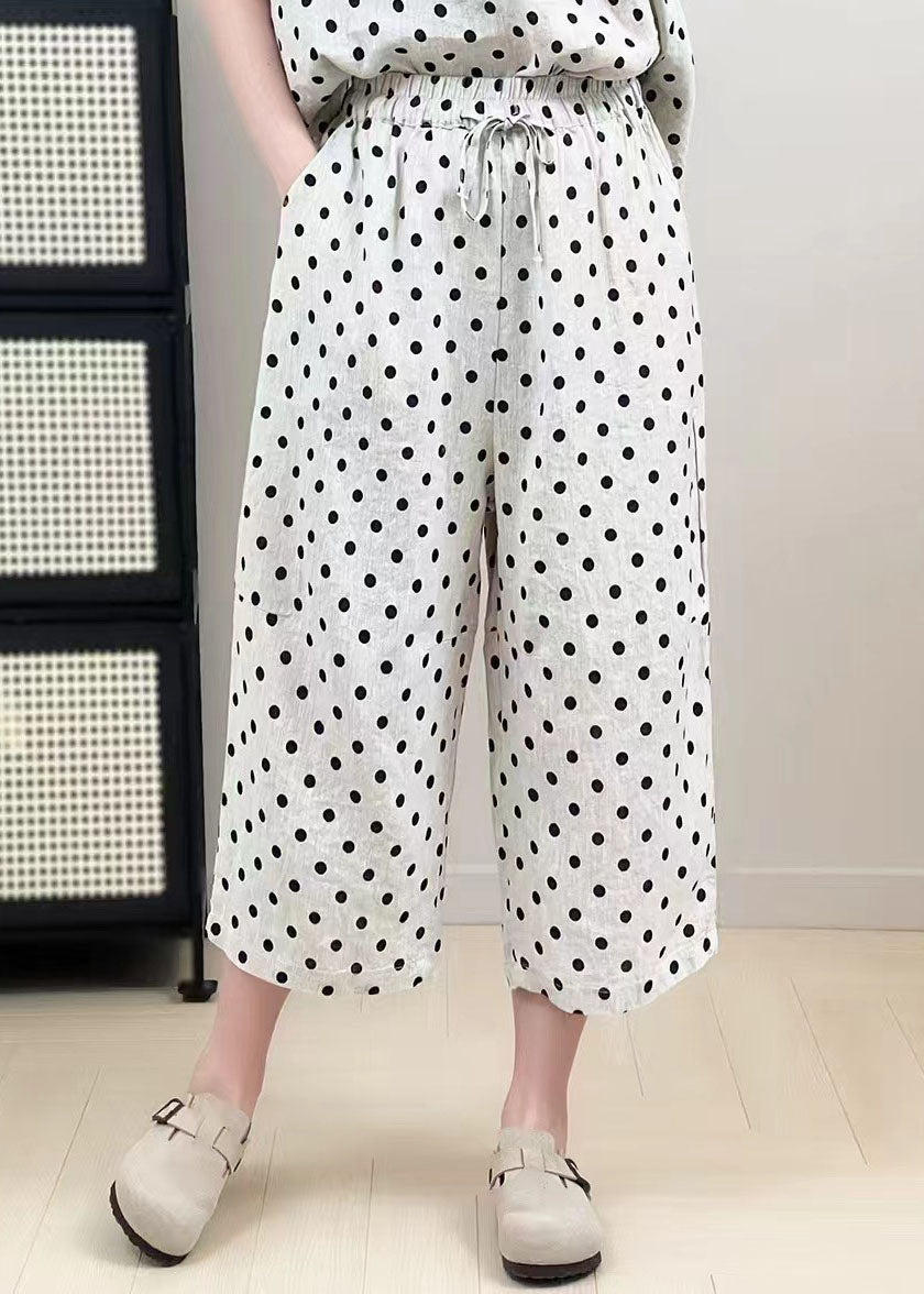 Classy White Oversized Dot Print Linen Wide Leg Pants Summer
