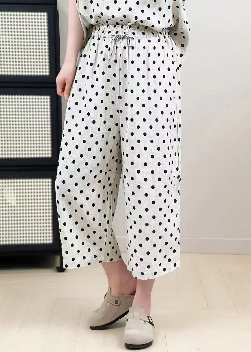 Classy White Oversized Dot Print Linen Wide Leg Pants Summer