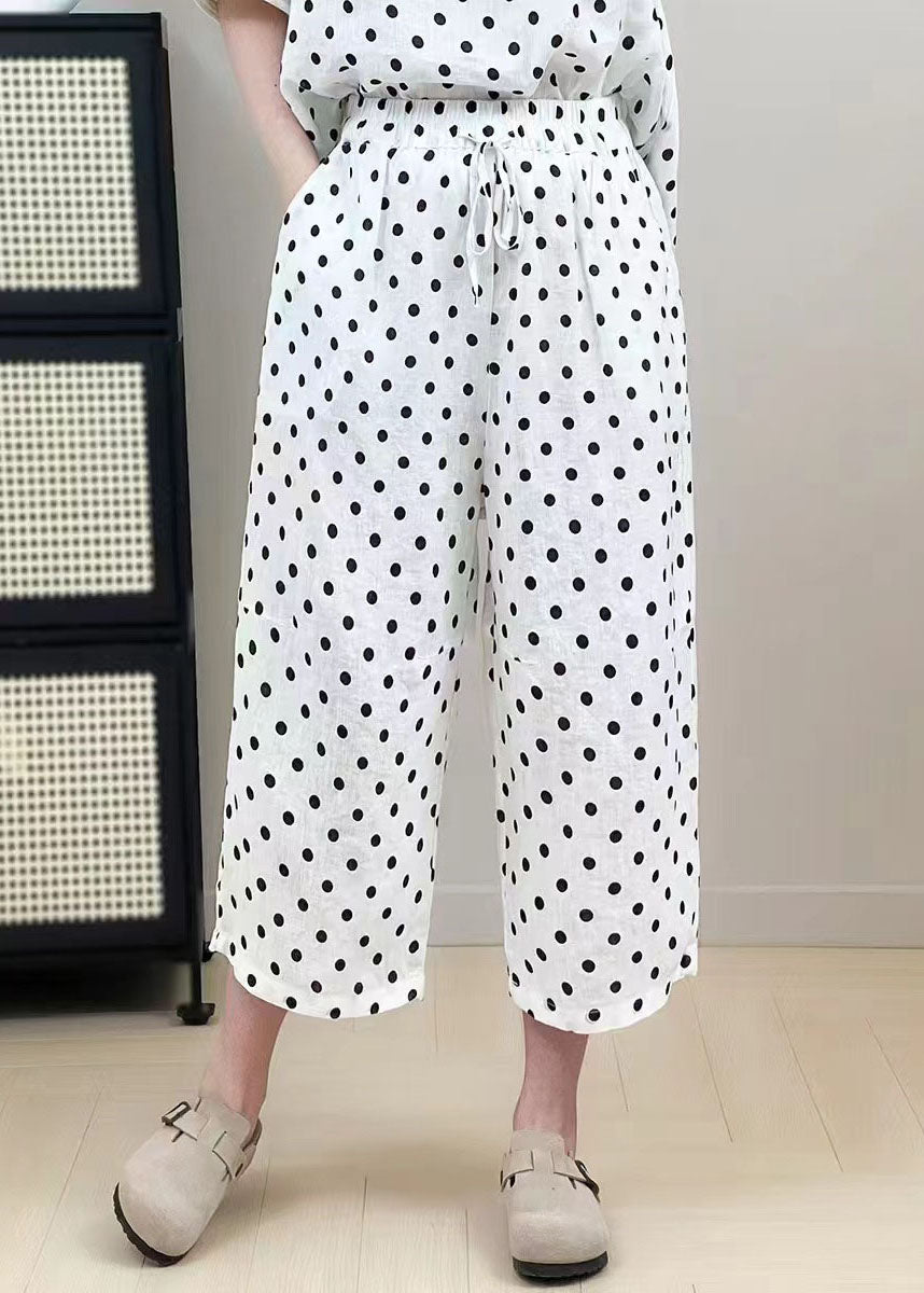 Classy White Oversized Dot Print Linen Wide Leg Pants Summer