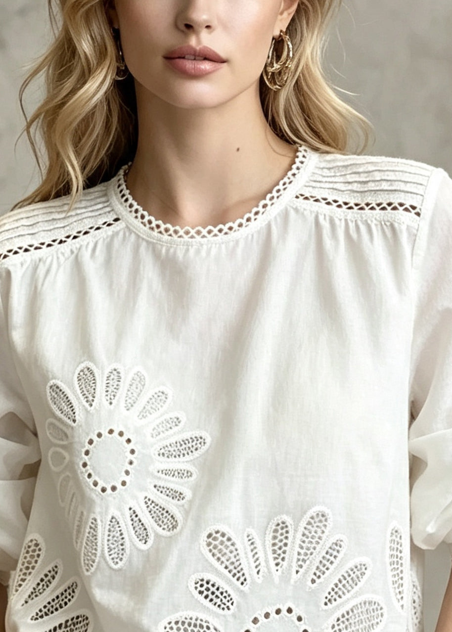 Classy White Oversized Hollow Out Cotton Shirt Top Fall