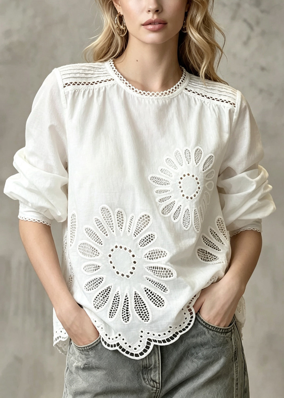 Classy White Oversized Hollow Out Cotton Shirt Top Fall