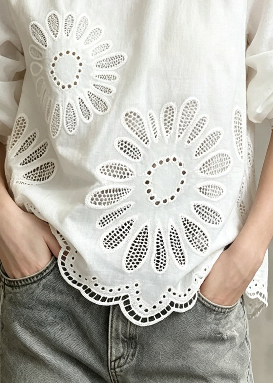 Classy White Oversized Hollow Out Cotton Shirt Top Fall