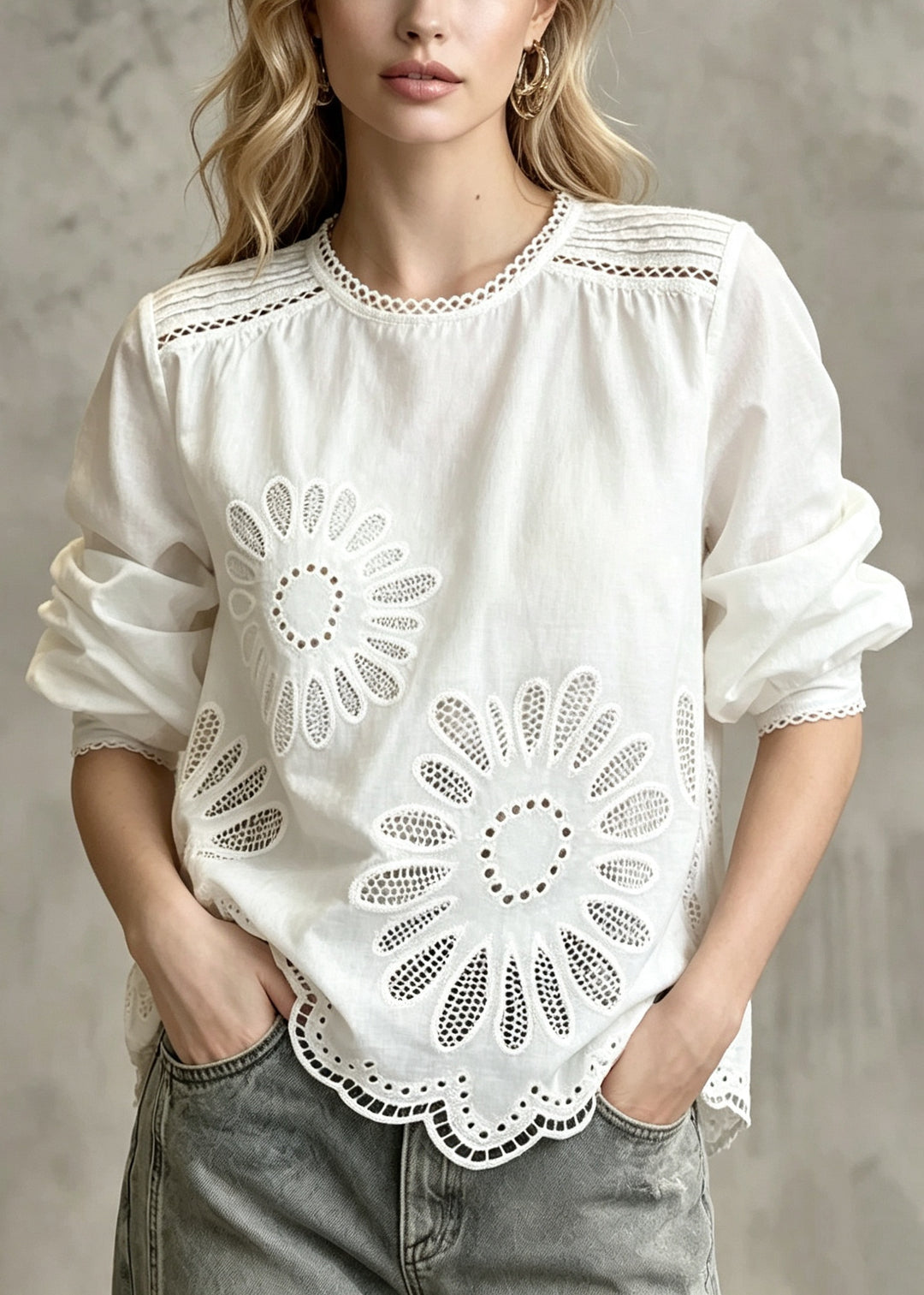 Classy White Oversized Hollow Out Cotton Shirt Top Fall