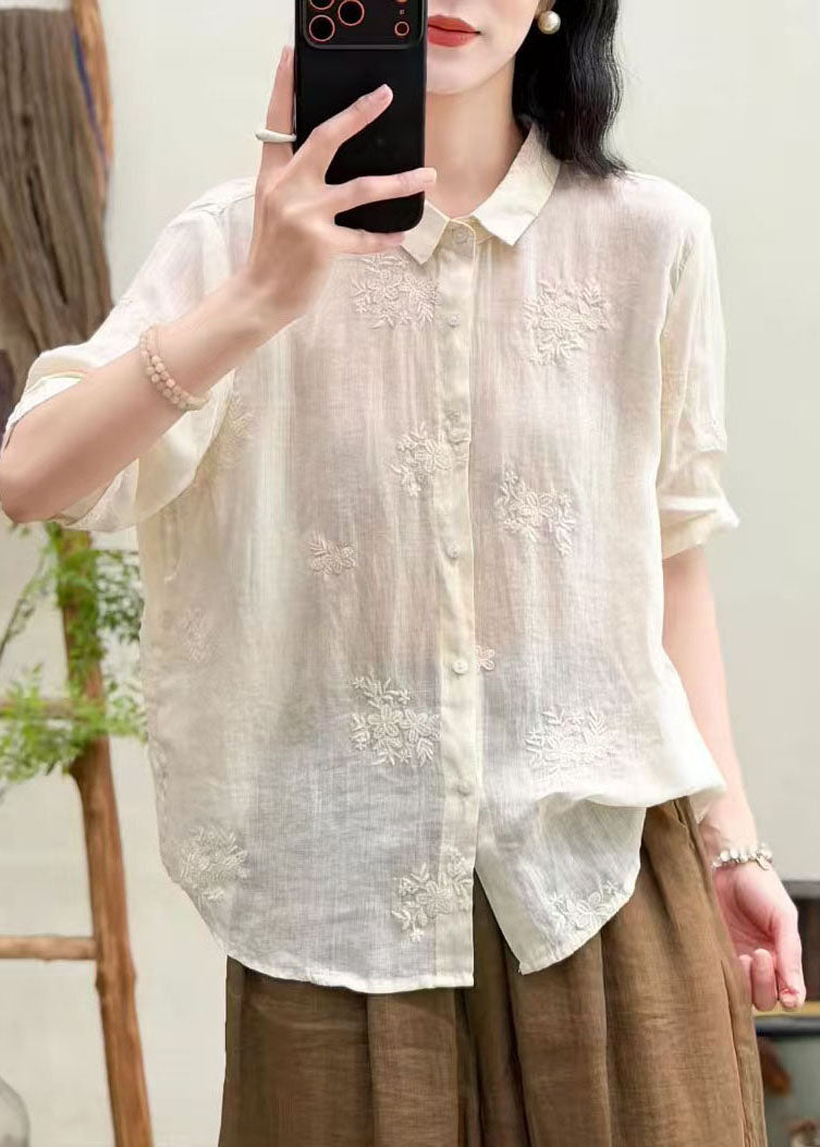 Classy White Peter Pan Collar Embroidered Linen Shirt Top Summer