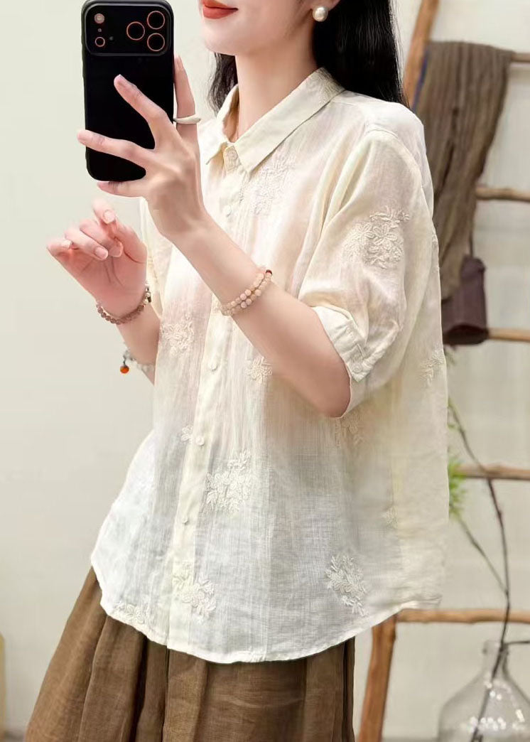 Classy White Peter Pan Collar Embroidered Linen Shirt Top Summer