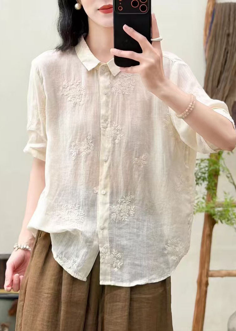 Classy White Peter Pan Collar Embroidered Linen Shirt Top Summer