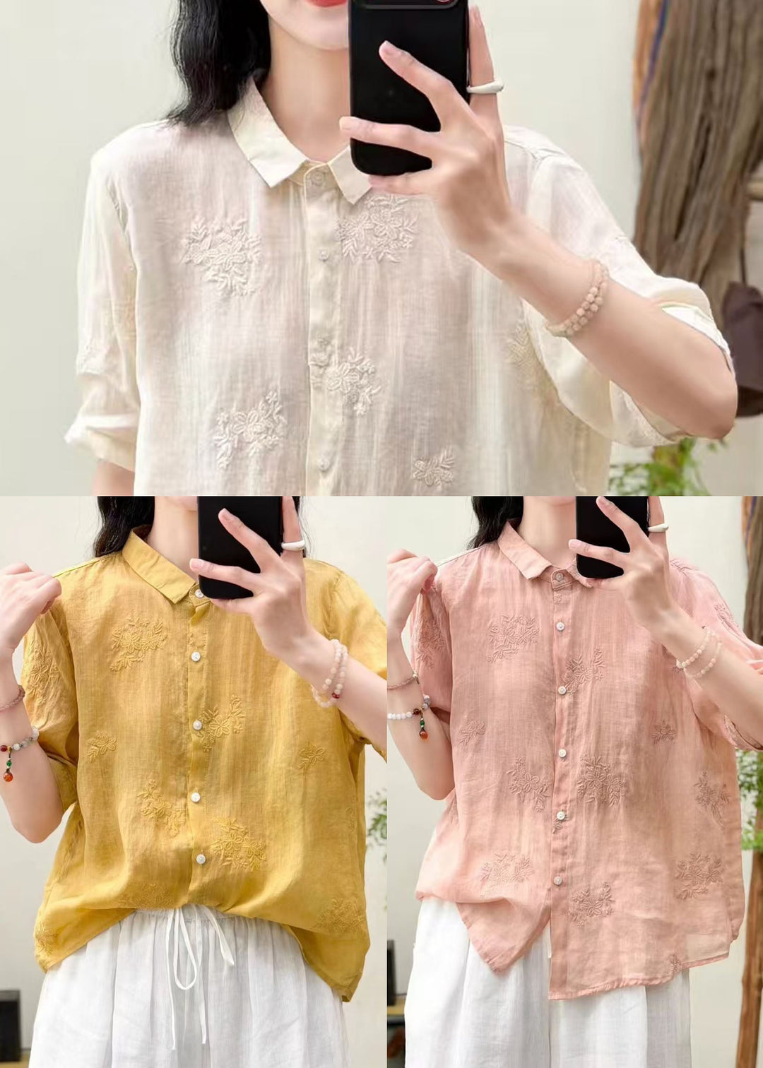 Classy White Peter Pan Collar Embroidered Linen Shirt Top Summer