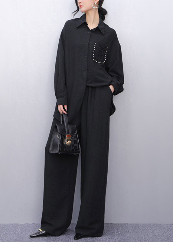 Classy White Peter Pan Collar Nail Bead Shirt And Wide Leg Pants Two Piece Set Fall