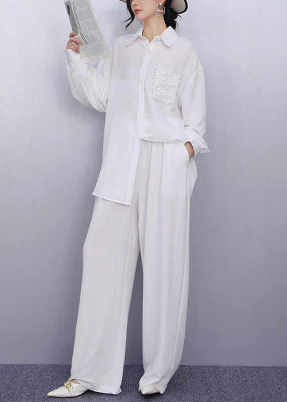 Classy White Peter Pan Collar Nail Bead Shirt And Wide Leg Pants Two Piece Set Fall