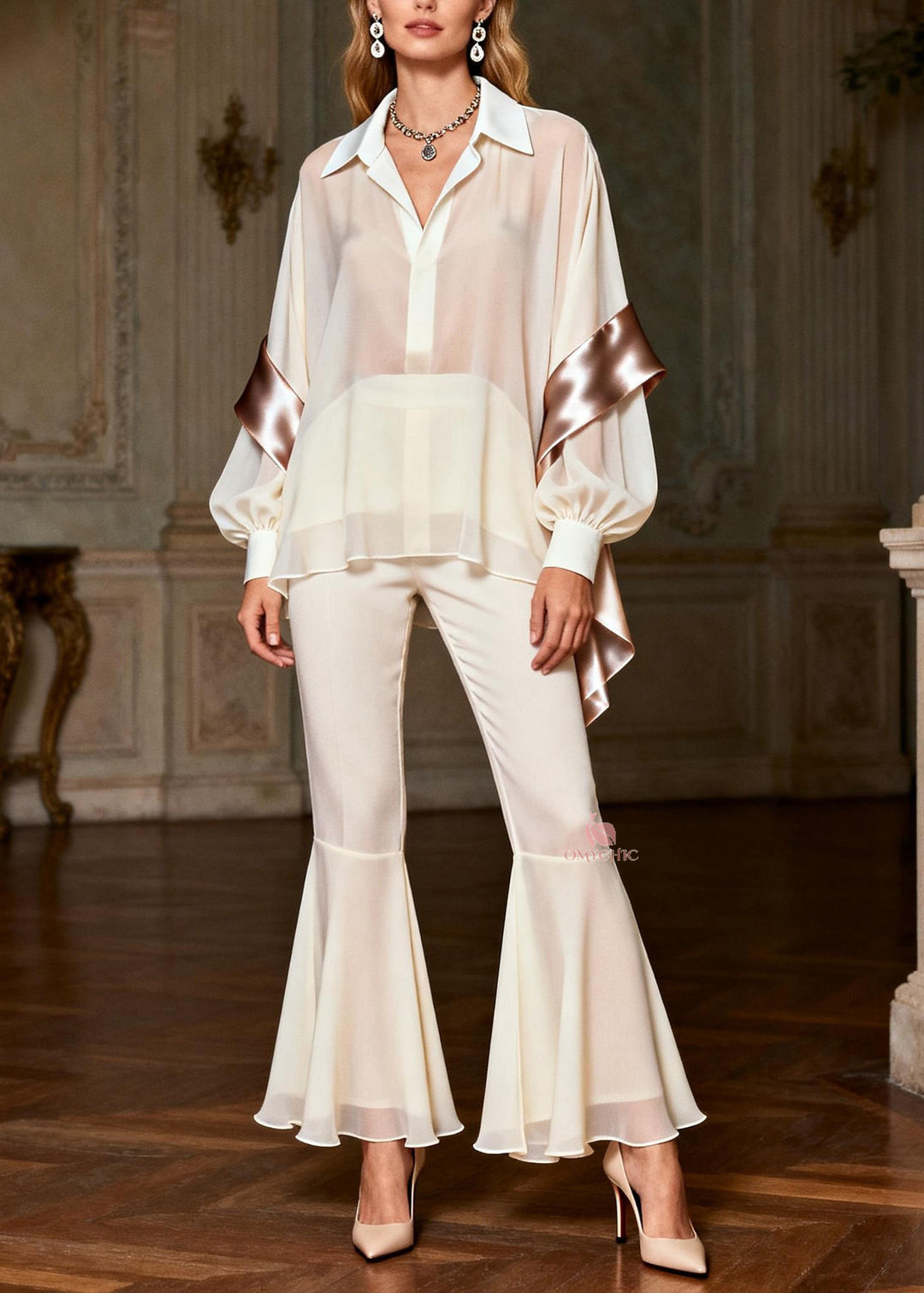 Classy White Peter Pan Collar Patchwork Silk 2 Piece Outfit Spring