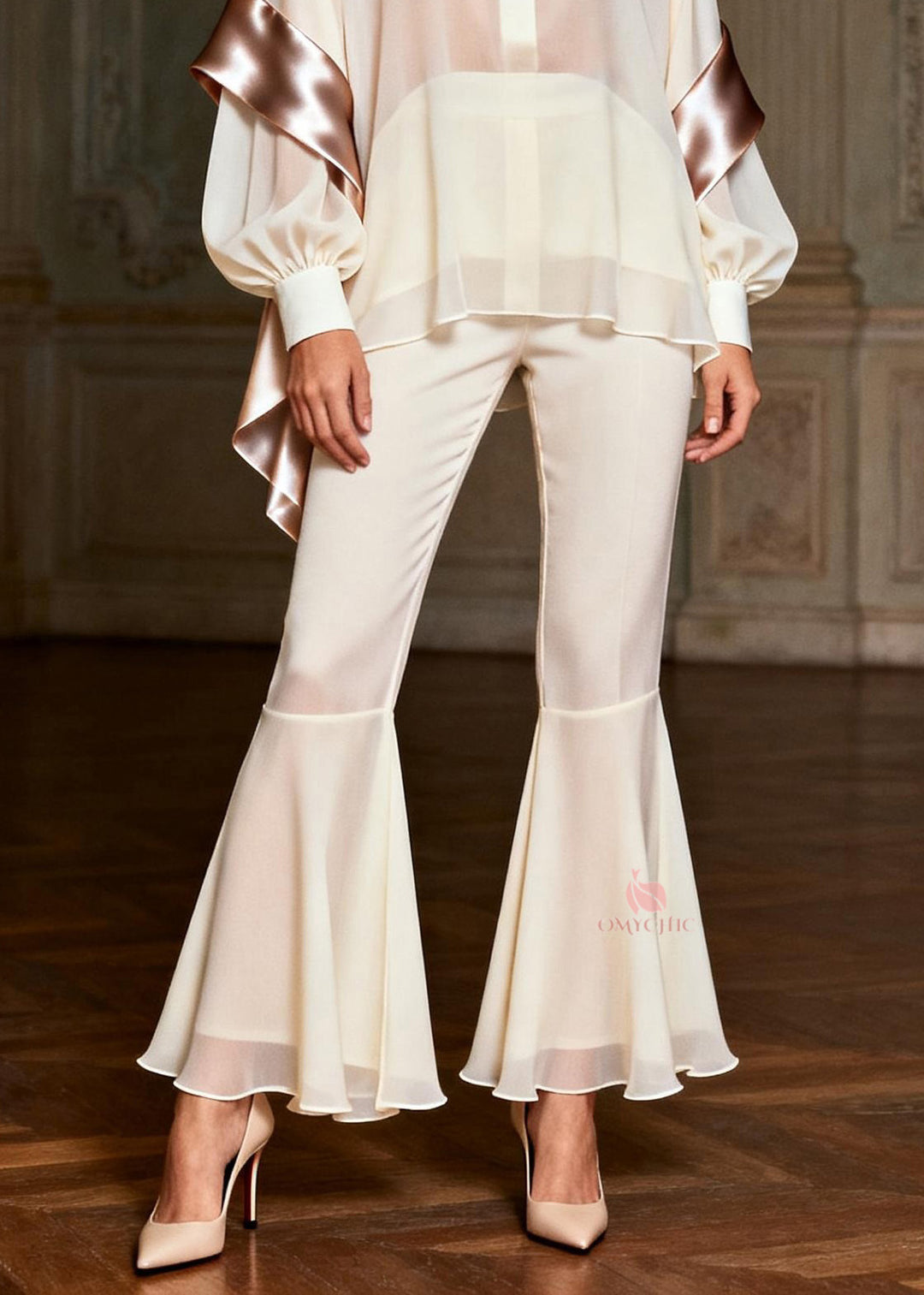 Classy White Peter Pan Collar Patchwork Silk 2 Piece Outfit Spring