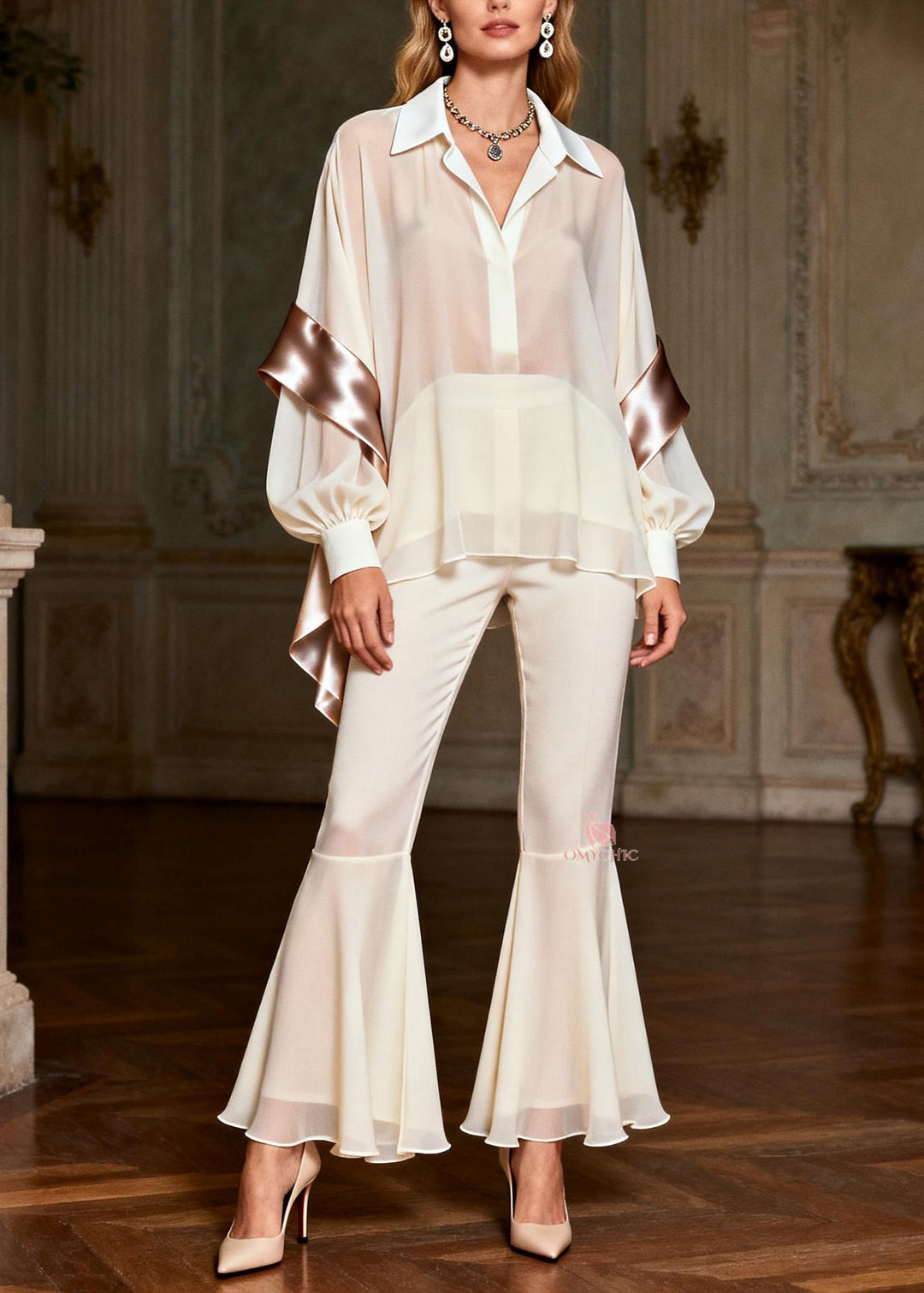 Classy White Peter Pan Collar Patchwork Silk 2 Piece Outfit Spring