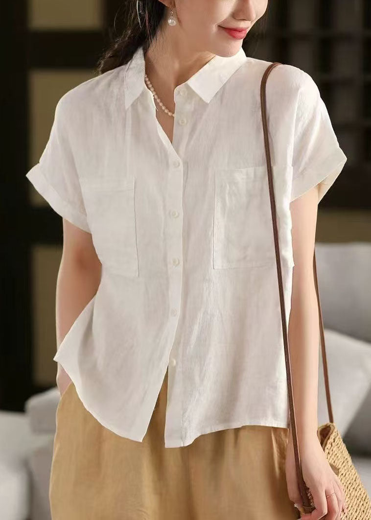 Classy White Peter Pan Collar Pockets Linen Shirt Top Summer
