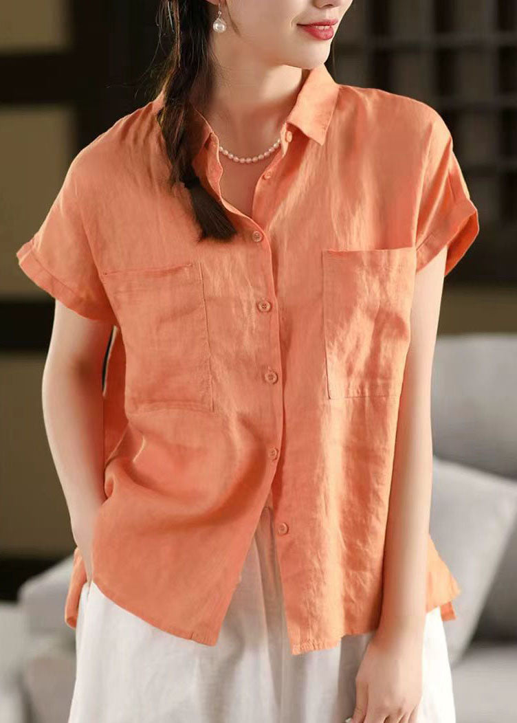 Classy White Peter Pan Collar Pockets Linen Shirt Top Summer