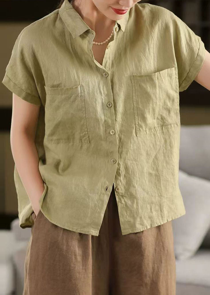 Classy White Peter Pan Collar Pockets Linen Shirt Top Summer