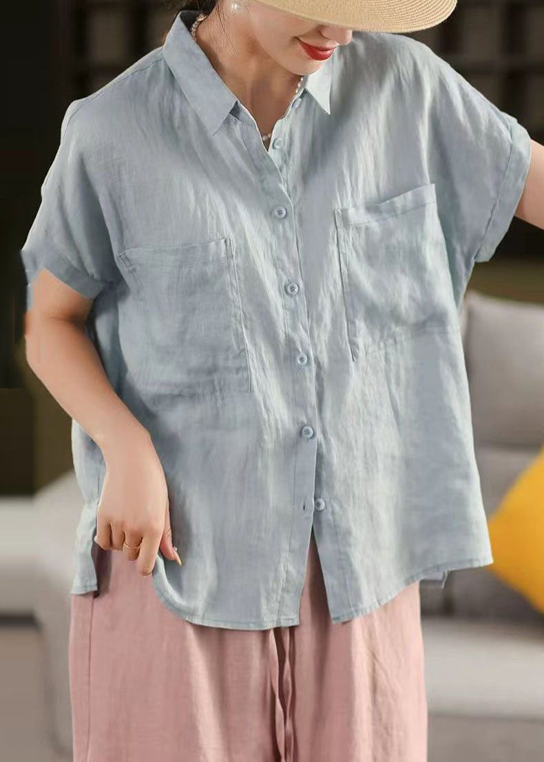 Classy White Peter Pan Collar Pockets Linen Shirt Top Summer