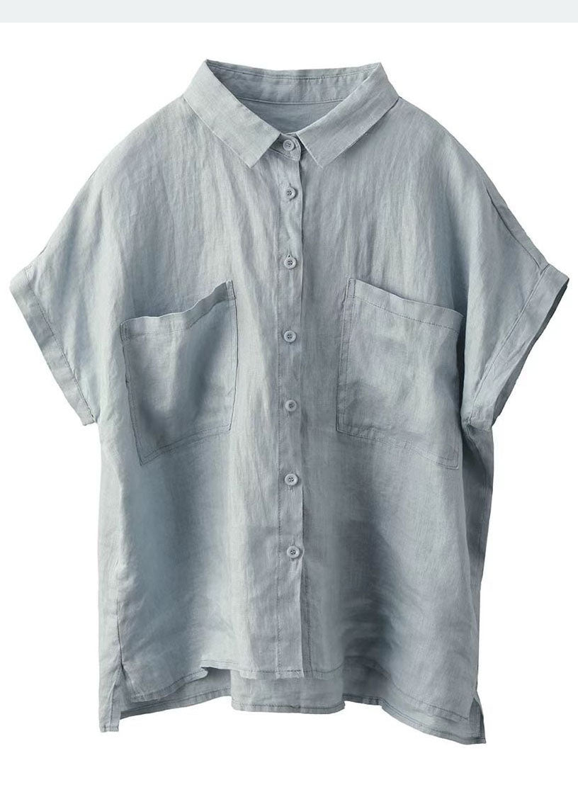 Classy White Peter Pan Collar Pockets Linen Shirt Top Summer