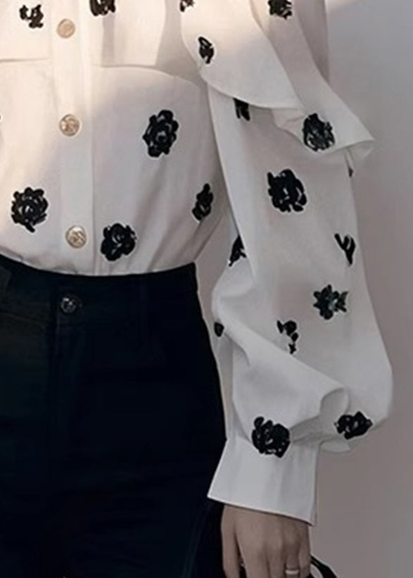 Classy White Peter Pan Collar Print Cold Shoulder Shirt Lantern Sleeve