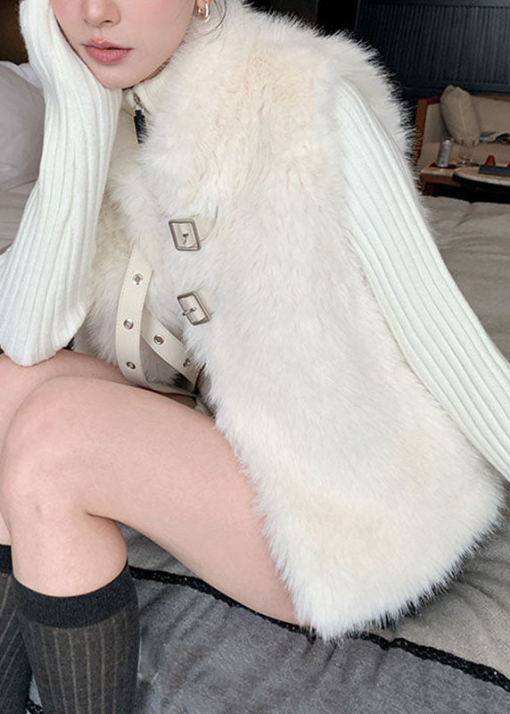 Classy White Pockets Leather And Fur Waistcoat Winter