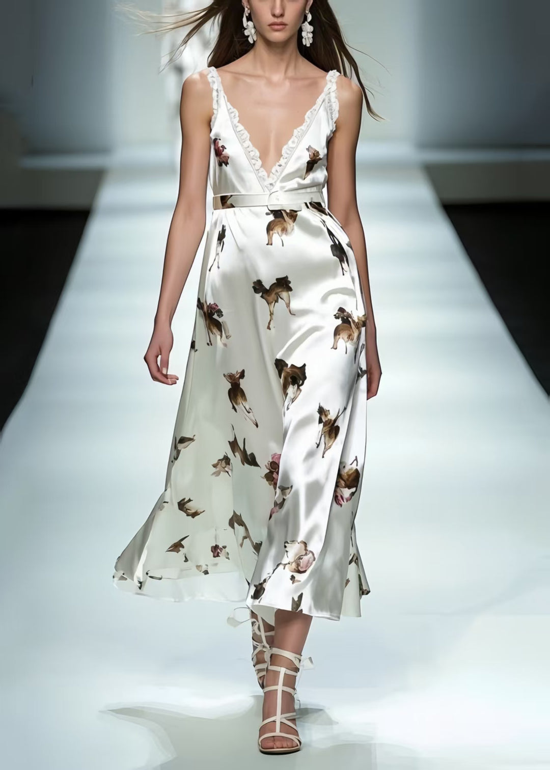Classy White Print Draping Silk Cami Dresses Summer